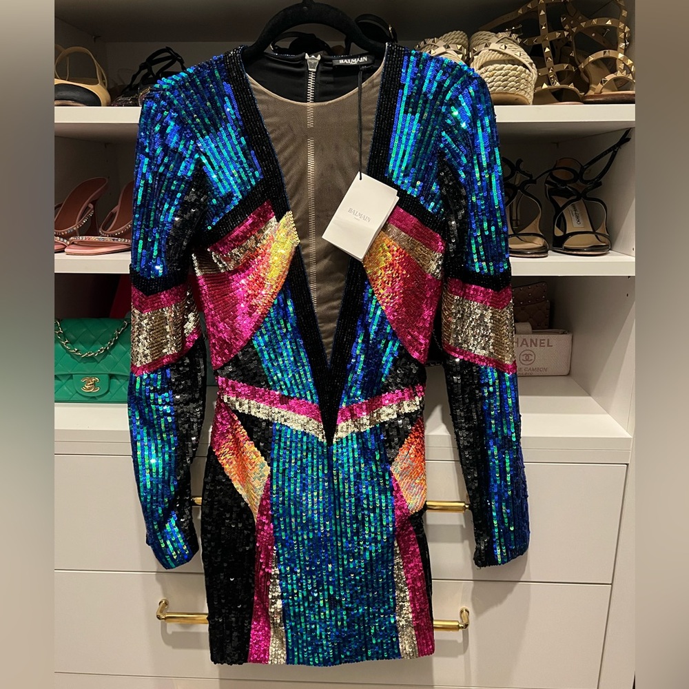 Balmain Vibrant Sequin Dress in Pink, Blue, and Gold  ✨